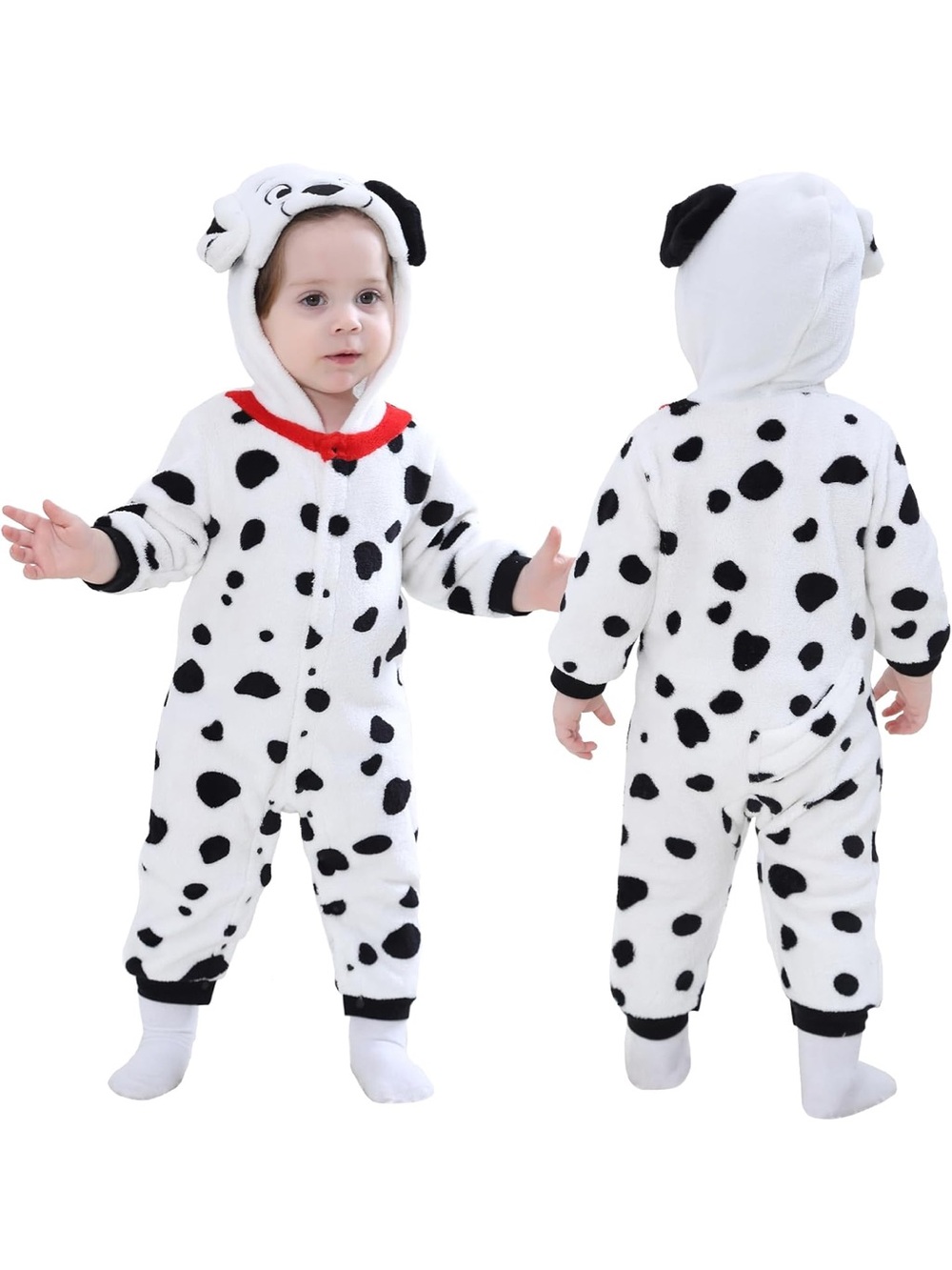 Dalmatian Spot Fleece One-Piece Romper with Hood - White/Black